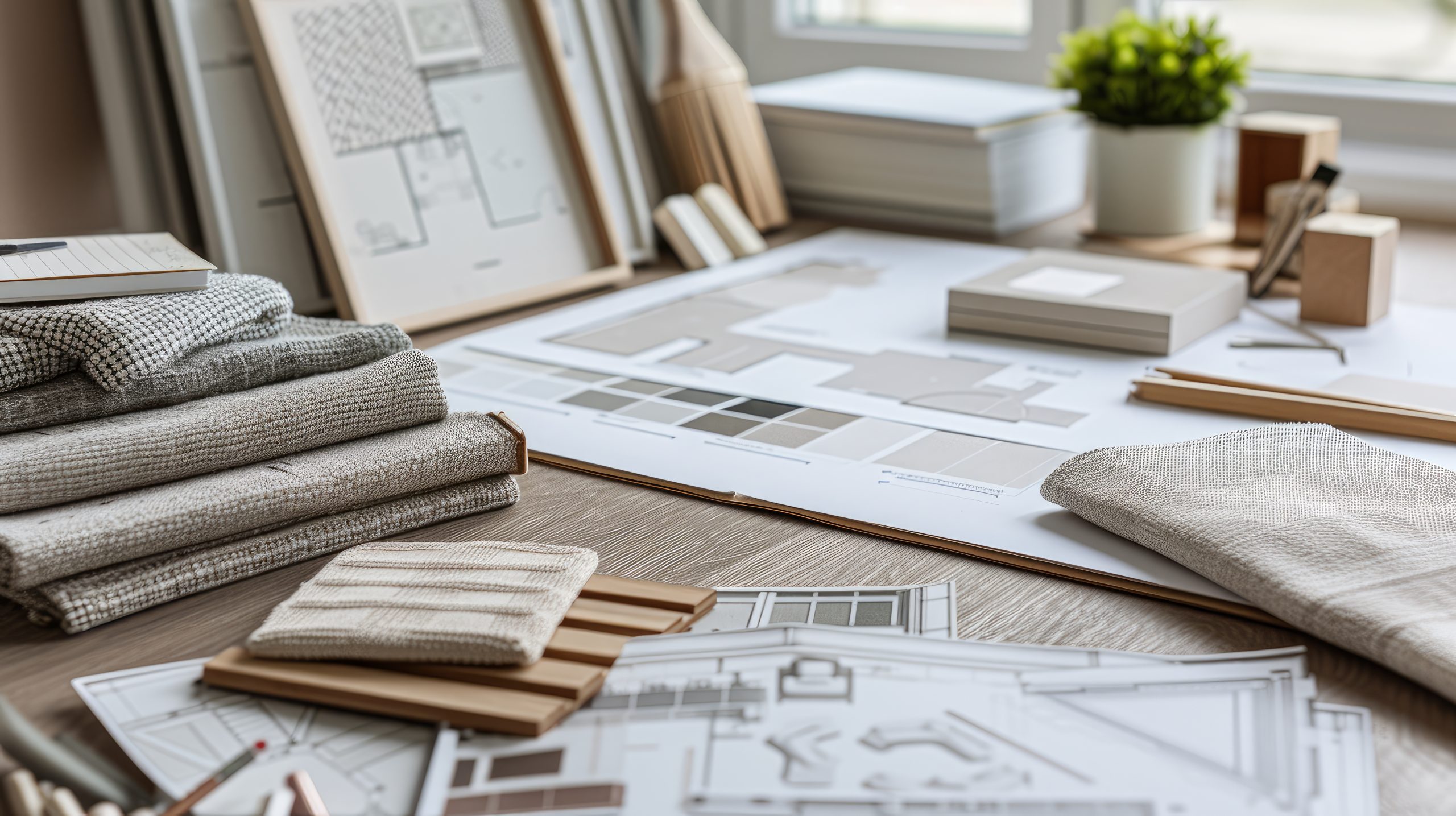 Interior designer's working table, an architectural plan of the house, a color palette, furniture and fabric samples. Drawings and plans for house decoration